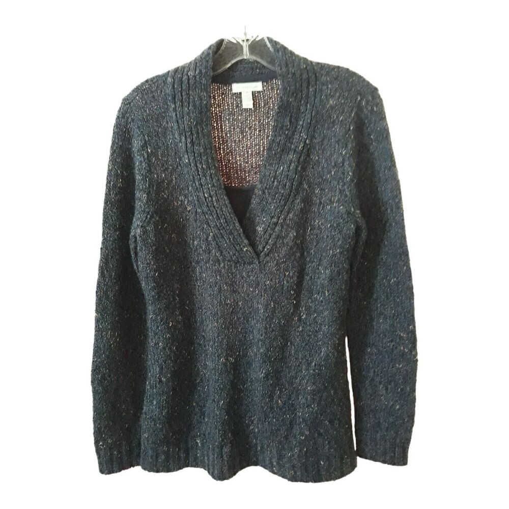 Charter Club Shawl Collar Sweater Women Large Blue Speckle Attached Cami V Piece